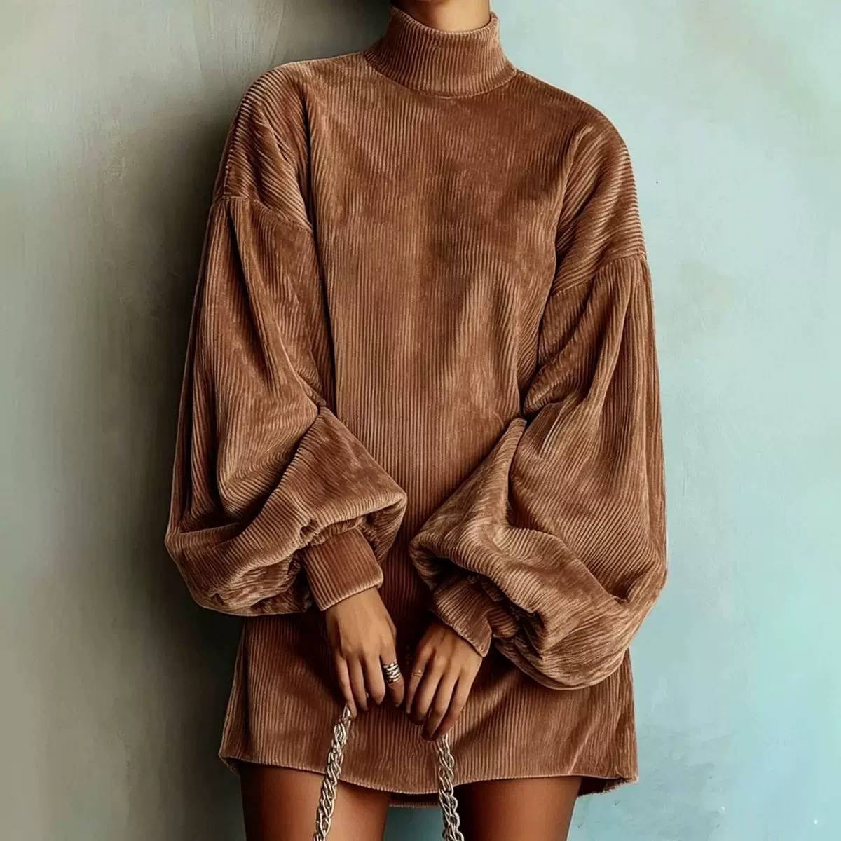 Ribbed Mini Dress With High Collar And Gathered Cuffs – Brown