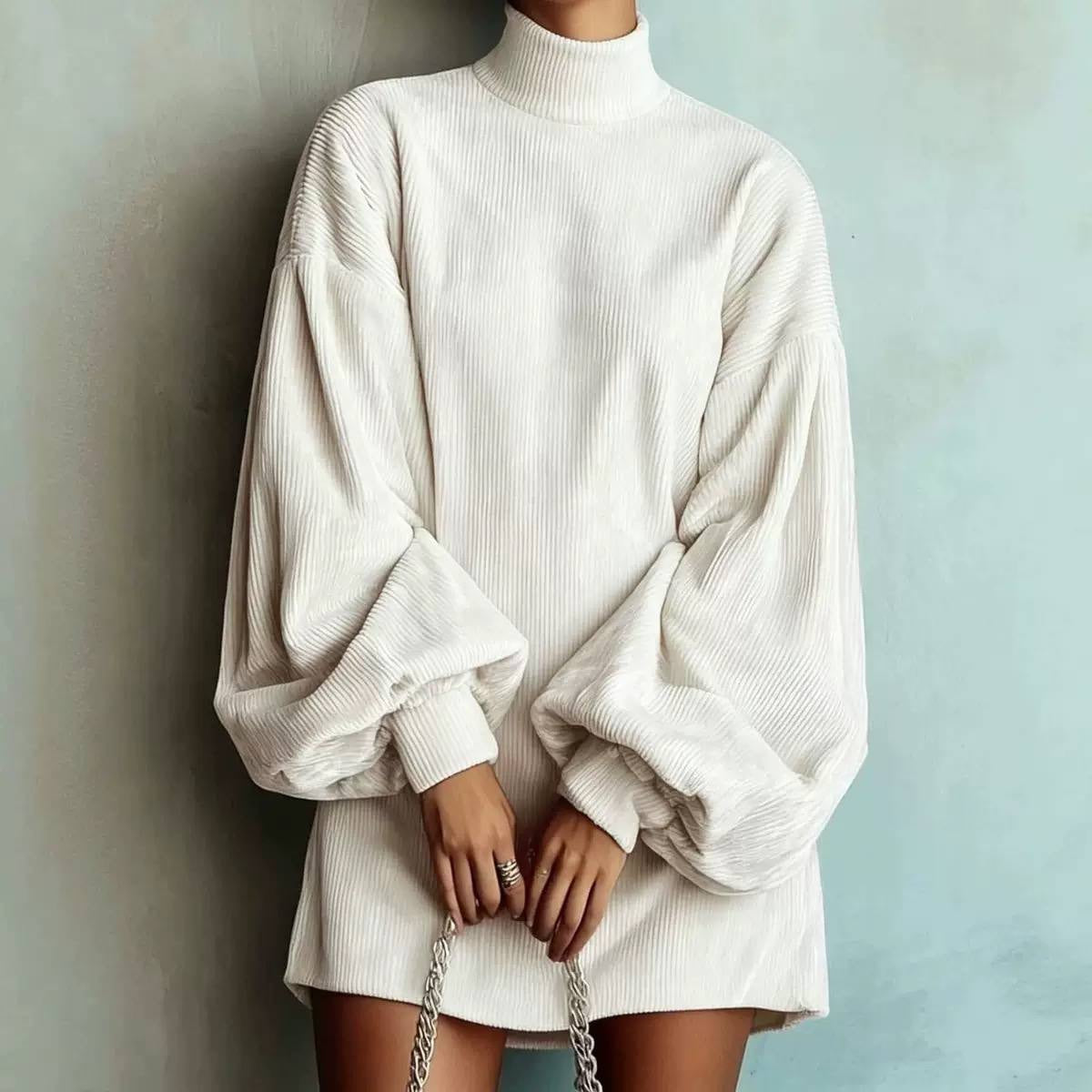 Ribbed Mini Dress With High Collar And Gathered Cuffs – White