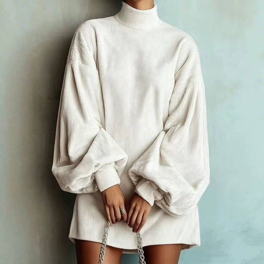 Ribbed Mini Dress With High Collar And Gathered Cuffs – White