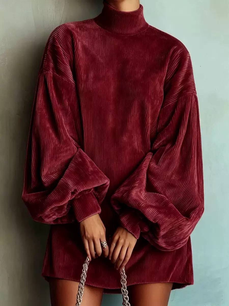 Ribbed Mini Dress With High Collar And Gathered Cuffs – Burgundy