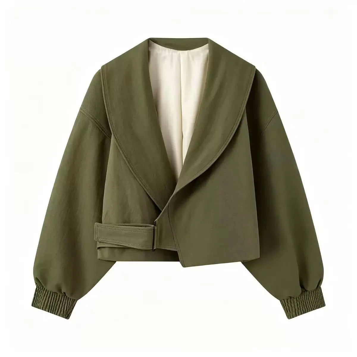Cropped Wrap-Style Jacket With Shawl Collar and Balloon Sleeves – Olive Green