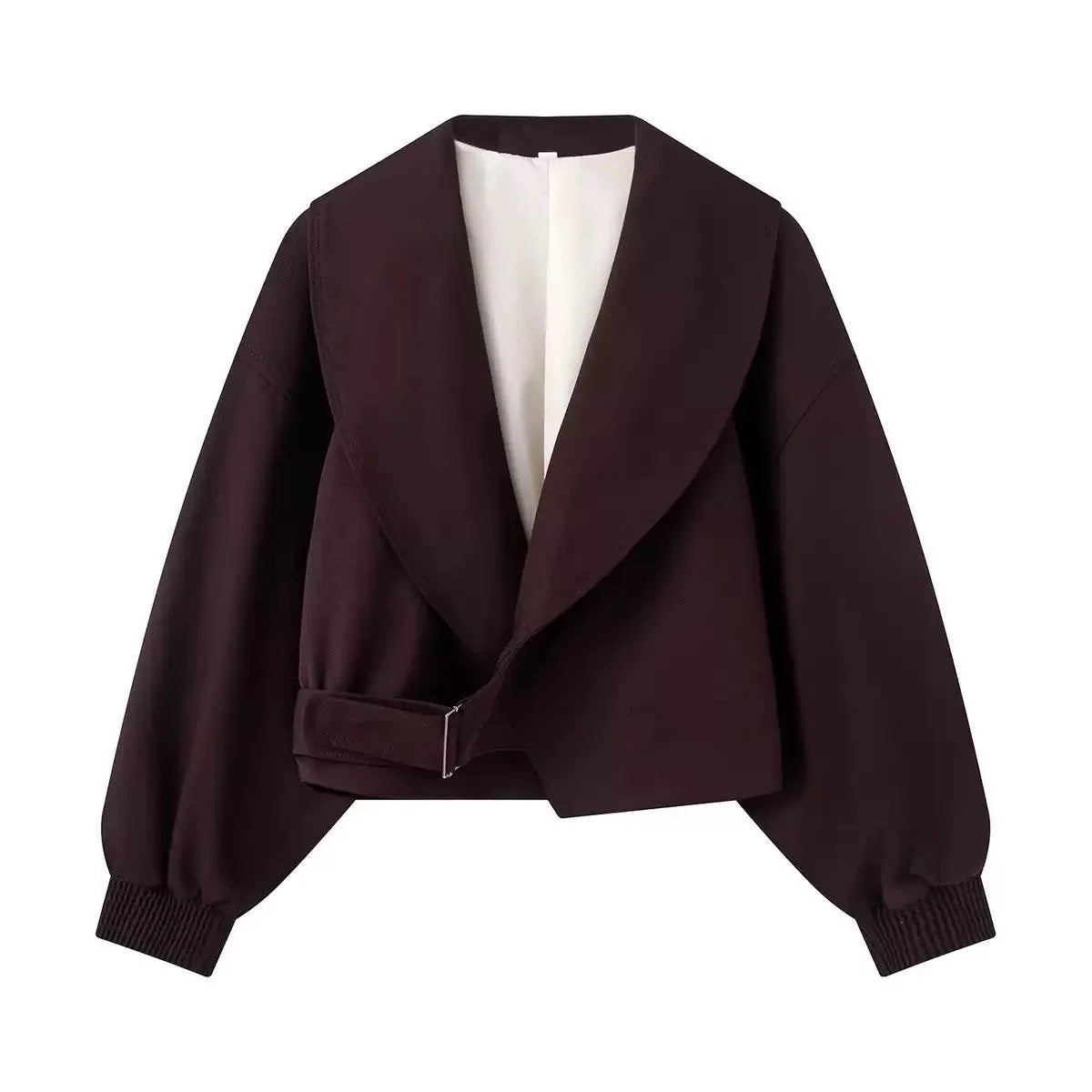 Cropped Wrap-Style Jacket With Shawl Collar and Balloon Sleeves – Burgundy