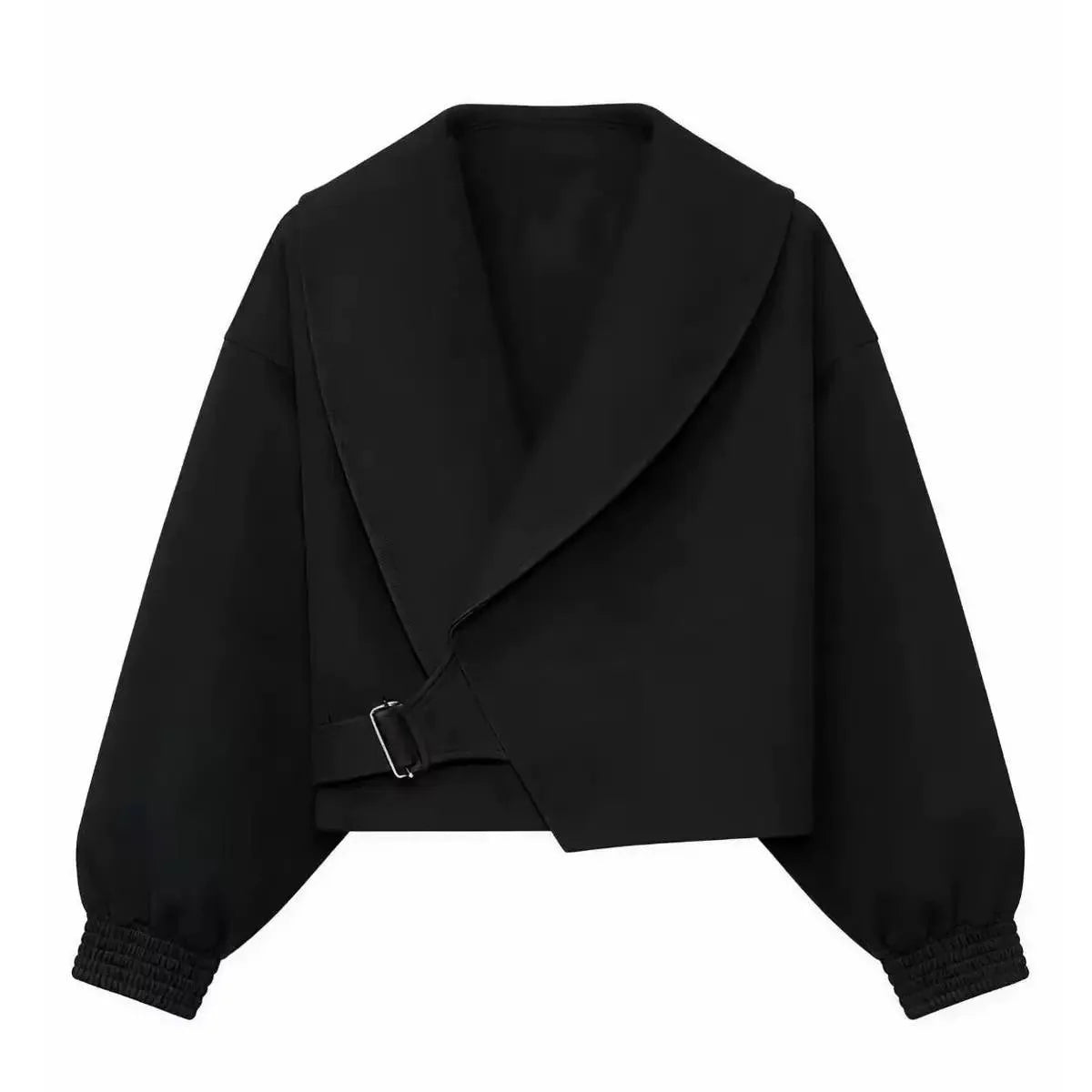 Cropped Wrap-Style Jacket With Shawl Collar and Balloon Sleeves – Black